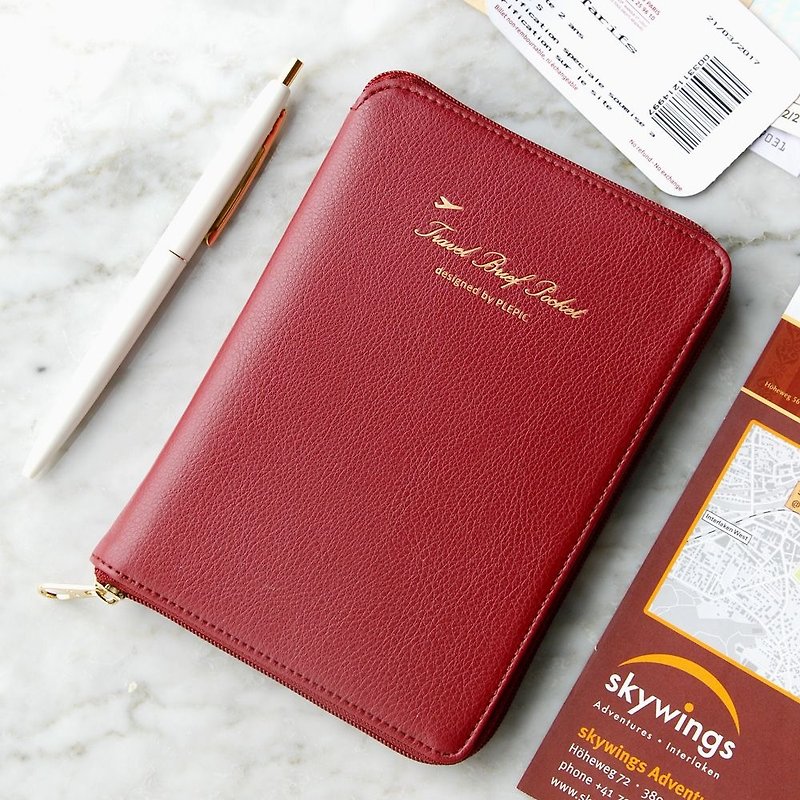 PLEPIC Fashion Light Travel Zipper Passport Bag - Burgundy Red, PPC93730 - ที่เก็บพาสปอร์ต - หนังเทียม สีแดง