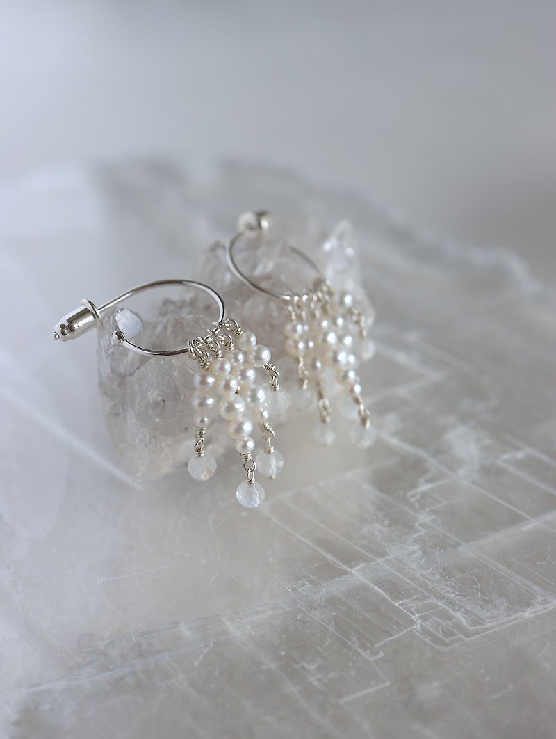 925Silver 月光石×珍珠 天然石耳環 - 耳環/耳夾 - 寶石 白色