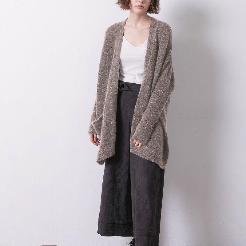 Long open-front slouchy cardigan - warm gray - Women's Sweaters - Wool Brown