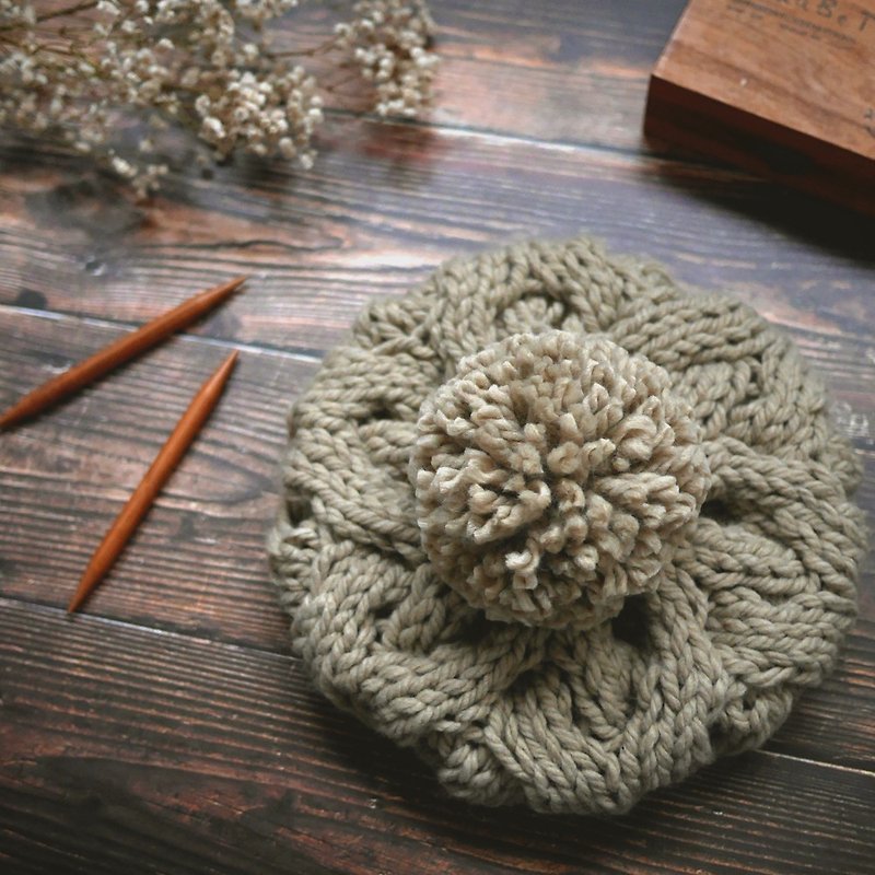 粗針麻花可拆毛球針織毛線貝蕾帽-卡其 - 帽子 - 羊毛 卡其色