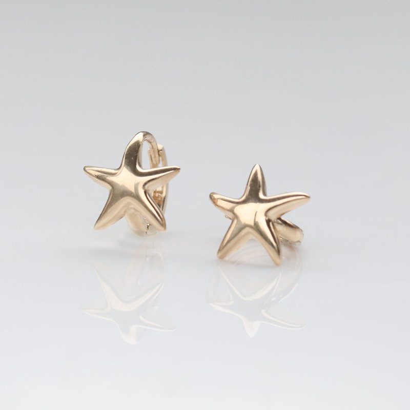 14K gold starfish earrings (inner diameter 7 mm) - ต่างหู - เครื่องประดับ สีทอง