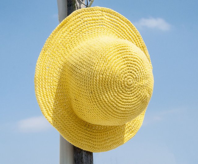 Crochet cotton hat hand-woven hat fisherman hat visor straw hat straw hat -  original summer bright yellow - Shop omhandmade Hats & Caps - Pinkoi