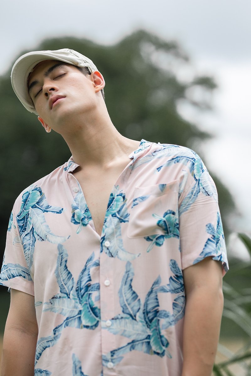 JUN Tropical Printed Banded Collar Short Sleeve Shirt - 男裝 恤衫 - 棉．麻 粉紅色