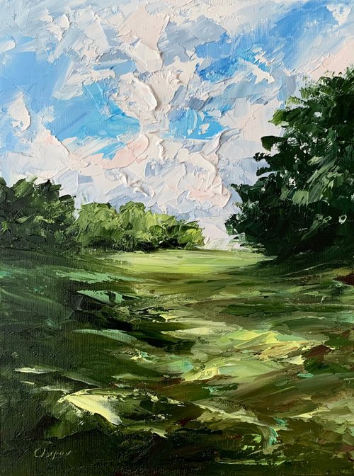 OsipovArtStudio Original Landscape Trees Art Field Landscape Oil Painting On Canvas Impasto Art