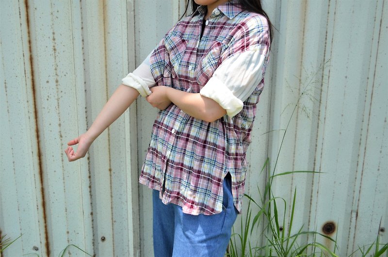 Vintage Plaid Patchwork Shirt - เสื้อเชิ้ตผู้หญิง - ผ้าฝ้าย/ผ้าลินิน หลากหลายสี