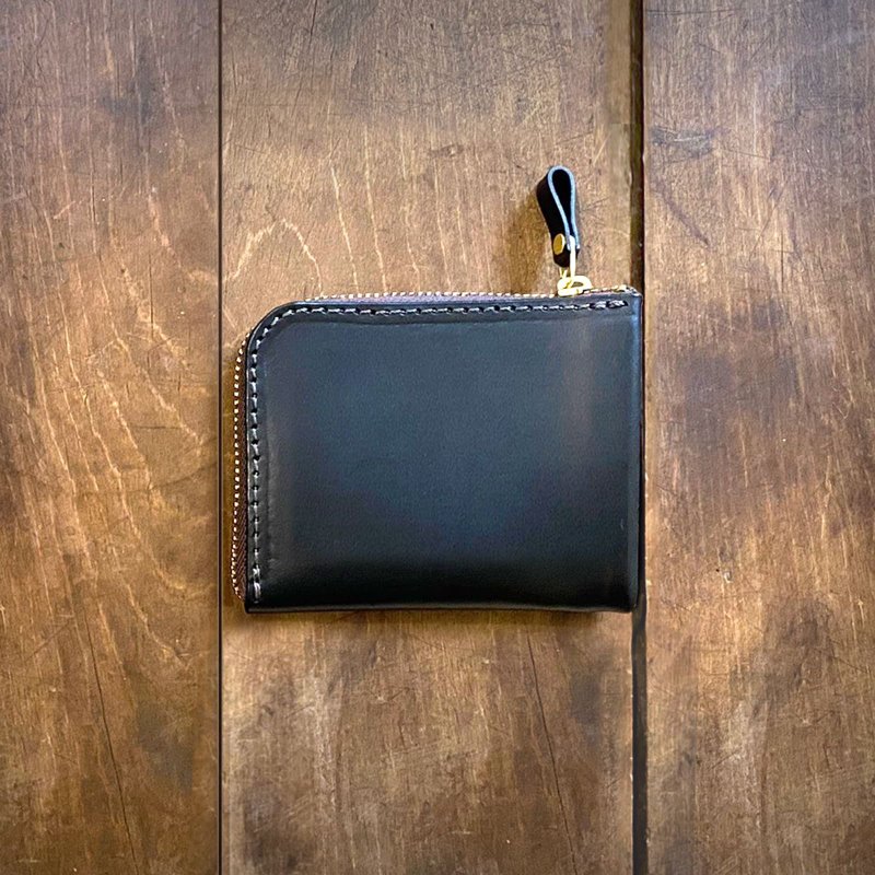 Retro large-capacity L-shaped zipper small wallet | Gentleman's black vegetable tanned cow leather | Multi-color - กระเป๋าสตางค์ - หนังแท้ สีดำ