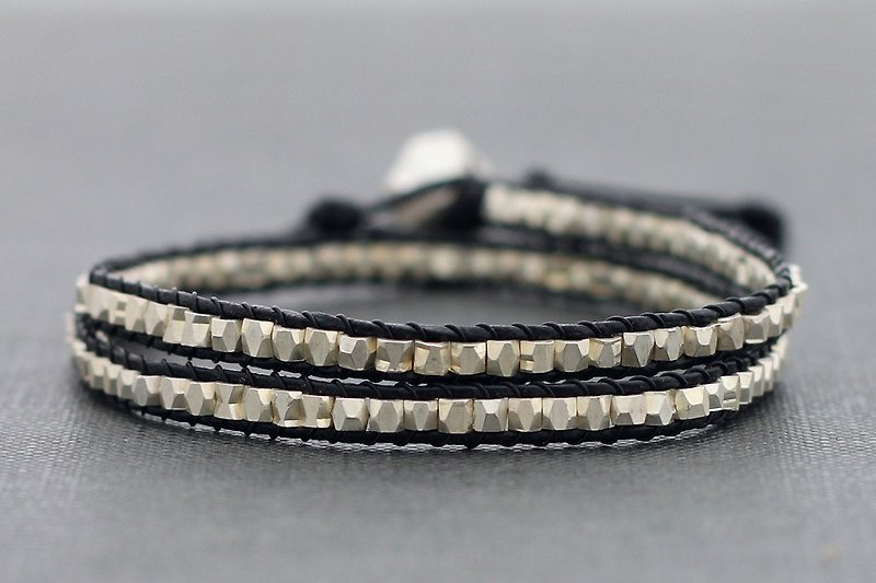 Leather Wrap Bracelets Faceted Silver Glitter - Bracelets - Genuine Leather Silver