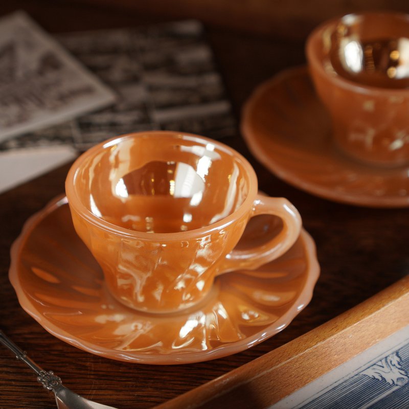 Fire King Peach Lustreware glass tea cups and saucers made by Anchor Hockings - Mugs - Glass Orange