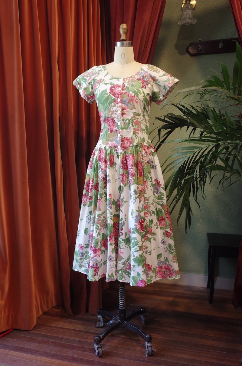 vintage dress浪漫印花收腰剪裁連衣裙古著洋裝 - 洋裝/連身裙 - 棉．麻 