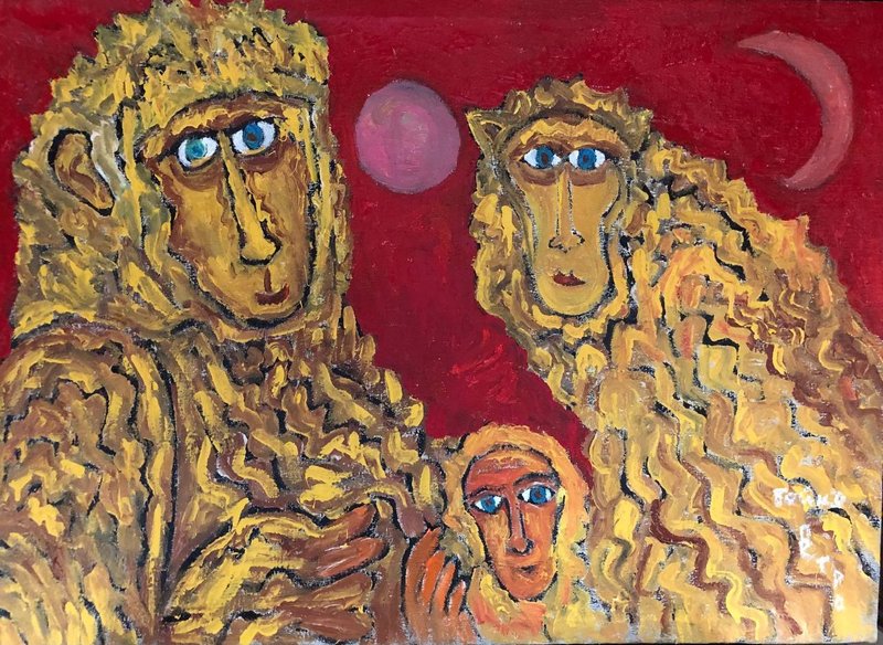 My Family Oil Painting on Canvas Ukrainian Naive Avant-Garde Wall Art Home Decor - 壁貼/牆壁裝飾 - 棉．麻 多色