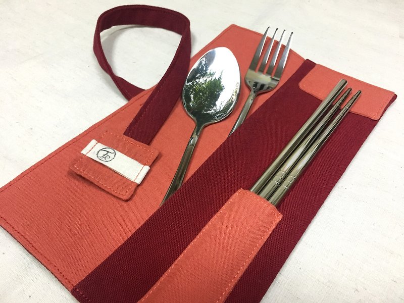 餐具袋 - 含餐具 - 蕃茄紅 - 餐具包 餐具套 收納袋 環保餐具 - 餐具/刀叉湯匙 - 棉．麻 紅色