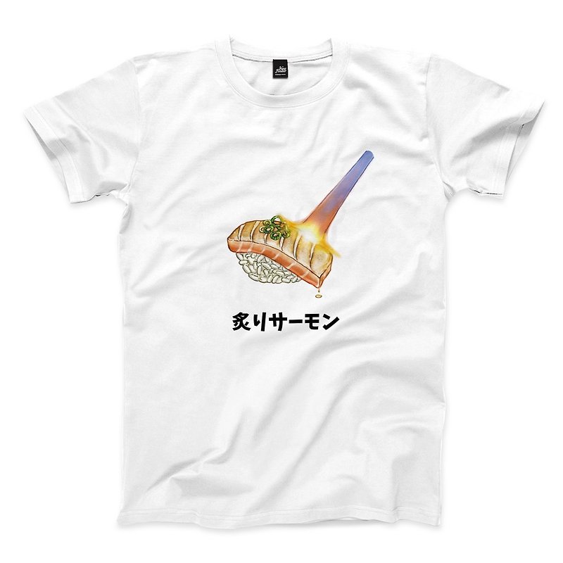 炙燒鮭魚壽司 - 白 - 中性版T恤 - 男 T 恤 - 棉．麻 白色