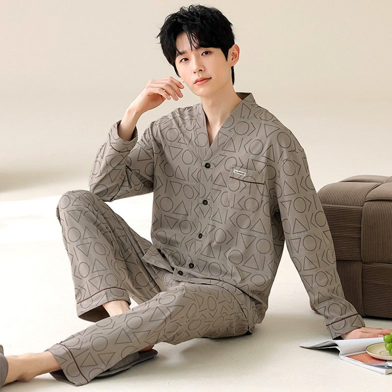 Pink Lady 男款 幾何時光 長袖成套睡衣 棉質秋冬兩件式居家服 - 睡衣/居家服 - 其他人造纖維 咖啡色