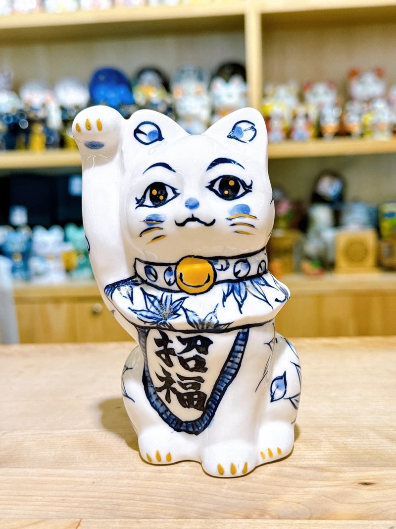 【瑞染耀彩】日本清水燒招財貓 | 染付 - 雲錦 金彩 - 擺飾/家飾品 - 瓷 白色