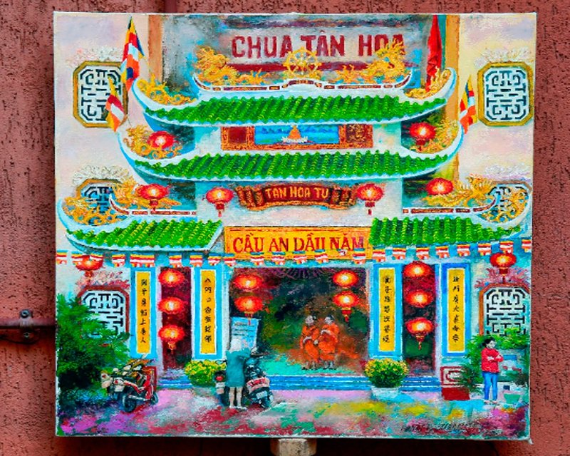 Chinoiserie Buddha Temple in Vietnam, chinese silk lantern original oil painting - 插畫/繪畫/書法 - 環保材質 紅色