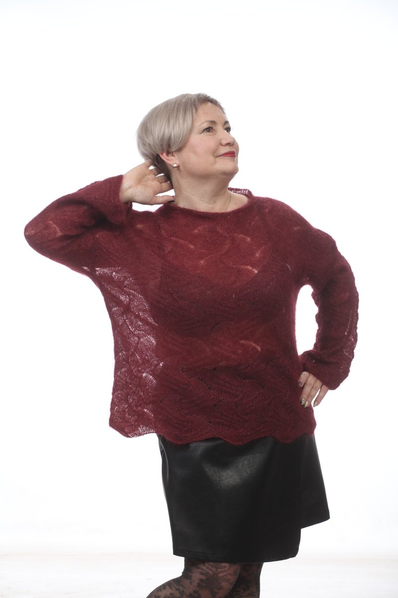 Women's hand knitted mohair sweater burgundy - Women's Sweaters - Wool Red