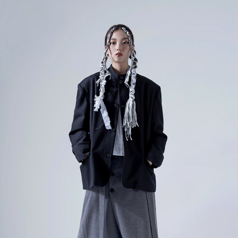立領羊毛外套 - 女大衣/外套 - 羊毛 黑色