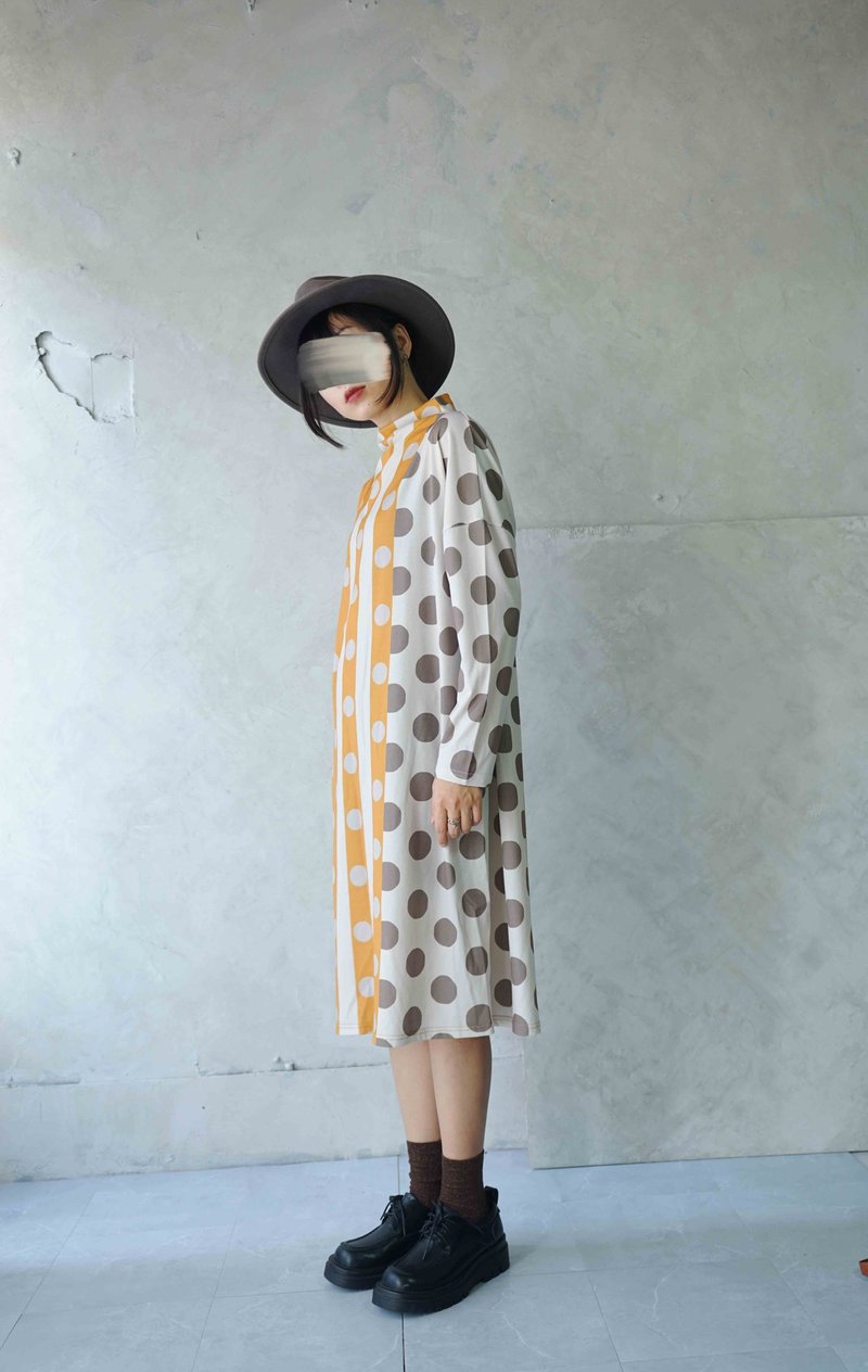 Treasure Hunt Vintage-Pop Style Yellow Large Polka Dot Color Block Stand Collar Long Version Dress - One Piece Dresses - Polyester Orange