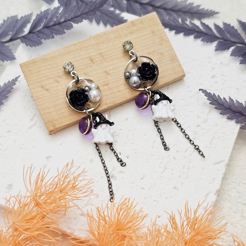 Dark Rose- Clip or Needle Earrings [Halloween] - ต่างหู - โลหะ สีดำ