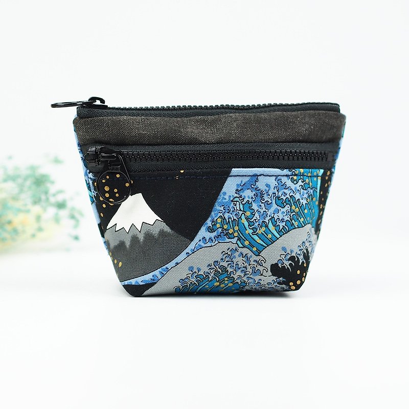 Small Ukrainian hand-made cloth bag pocket purse double zipper small storage bag ukiyoe Japanese [Starry Night Mt. Fuji] black [BG-15] - Coin Purses - Cotton & Hemp Black