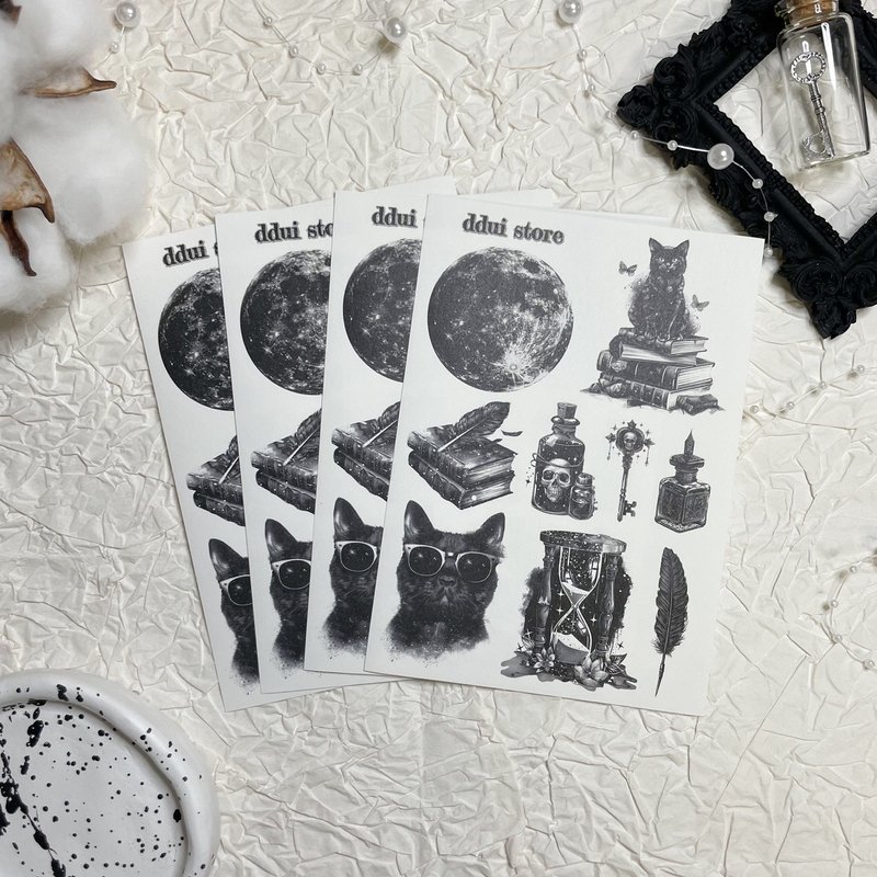 DDui store) Black White Vintage Gothic Cat Sticker - 貼紙 - 紙 黑色