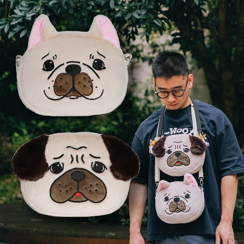 Original cute pet dog peripheral camera earphone mobile phone bag Pug French bulldog chest bag plush crossbody shoulder bag - กระเป๋าแมสเซนเจอร์ - วัสดุอื่นๆ 