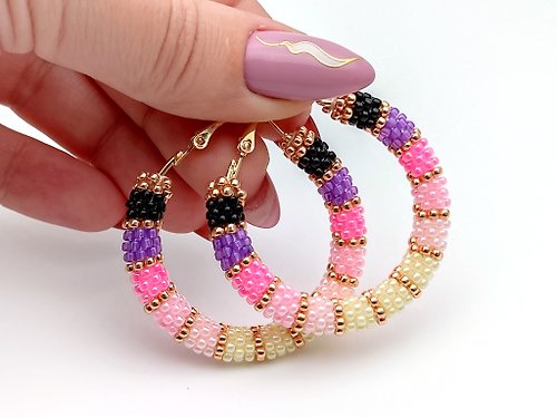 IrisBeadsArt 手作, 耳環, 派對, 華麗耳環, Pink hoop earrings, Big stud hoop earrings. Handmade earrings