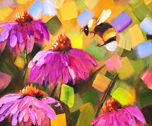蜂の油絵 フラワー オリジナルアート デイジーアートワーク インパスト
