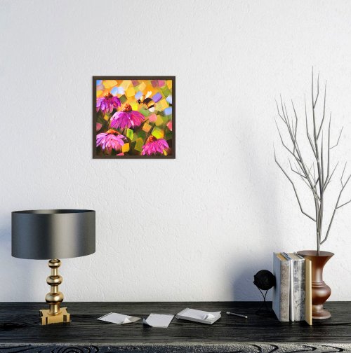 蜂の油絵 フラワー オリジナルアート デイジーアートワーク インパスト