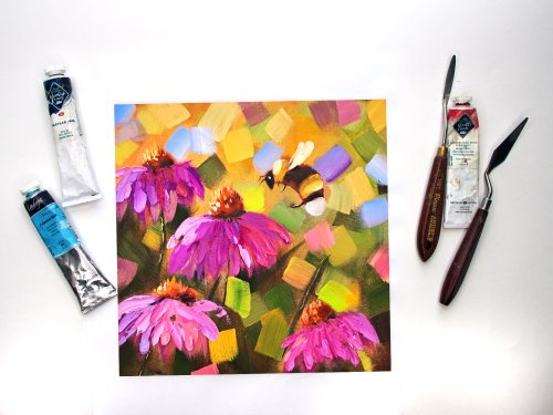 蜂の油絵 フラワー オリジナルアート デイジーアートワーク インパスト