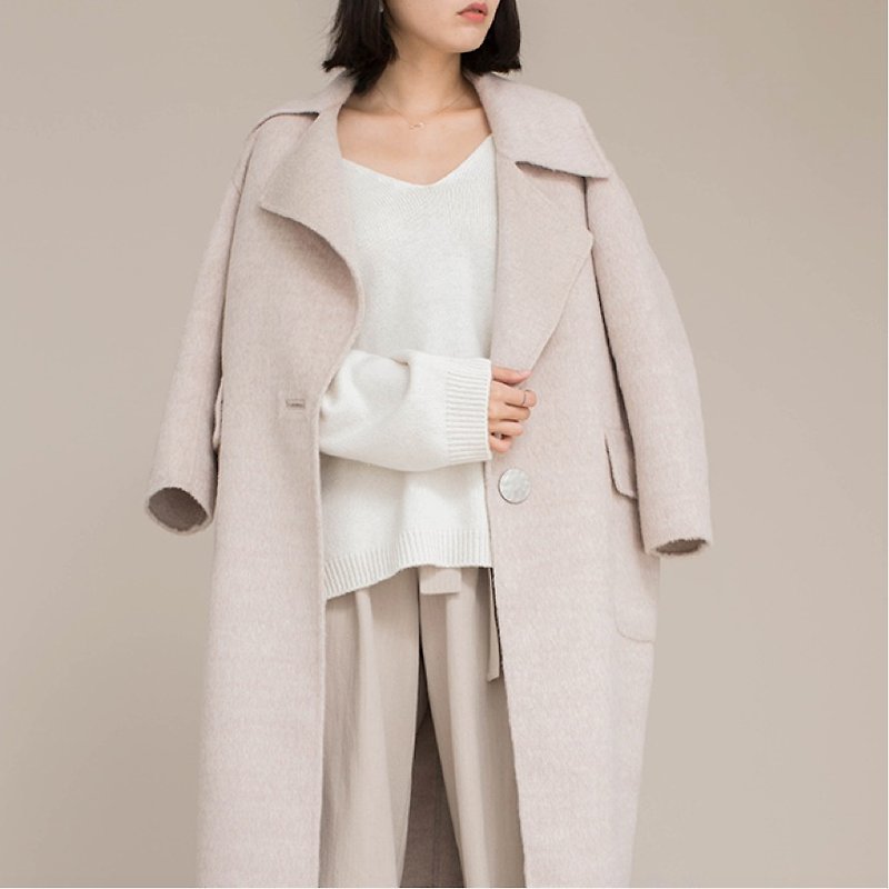 Cream apricot soft alpaca + wool fabric double-sided can wear a buckle lap collar silhouette coat jacket - เสื้อแจ็คเก็ต - ขนแกะ สึชมพู
