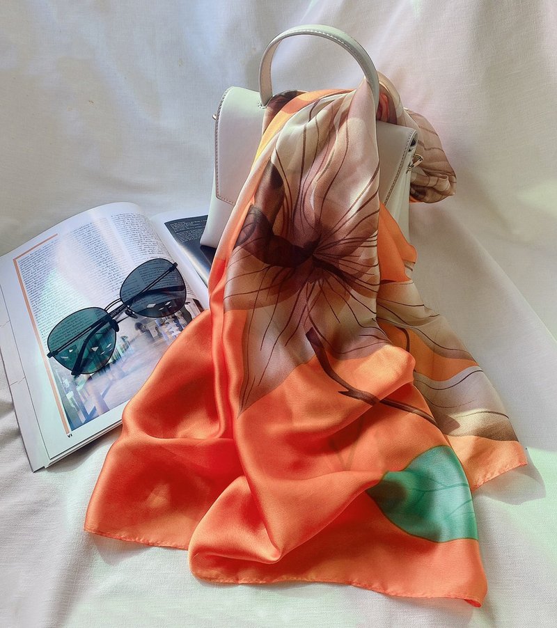 Ireland Galway satin scarf autumn orange 90x180cm - ผ้าพันคอ - เส้นใยสังเคราะห์ สึชมพู