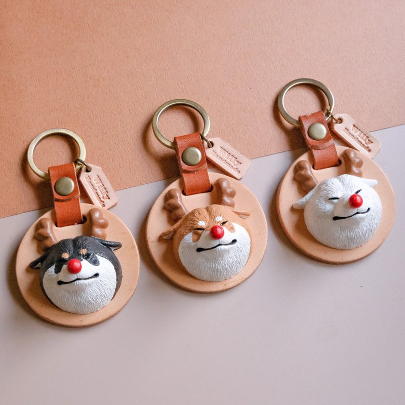 Christmas gift deer style - Q version Shiba Inu leather key ring / three colors / free English engraving - Keychains - Resin Orange