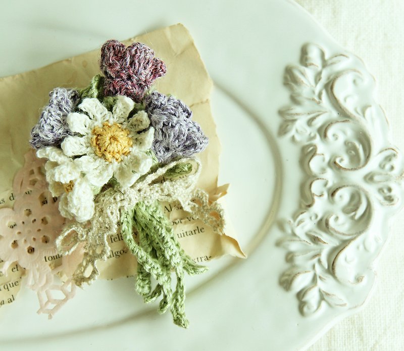 Daisy pea flower purple bouquet brooch Japanese twine weave wedding birthday gift bridesmaid silk flower - Brooches - Cotton & Hemp Purple