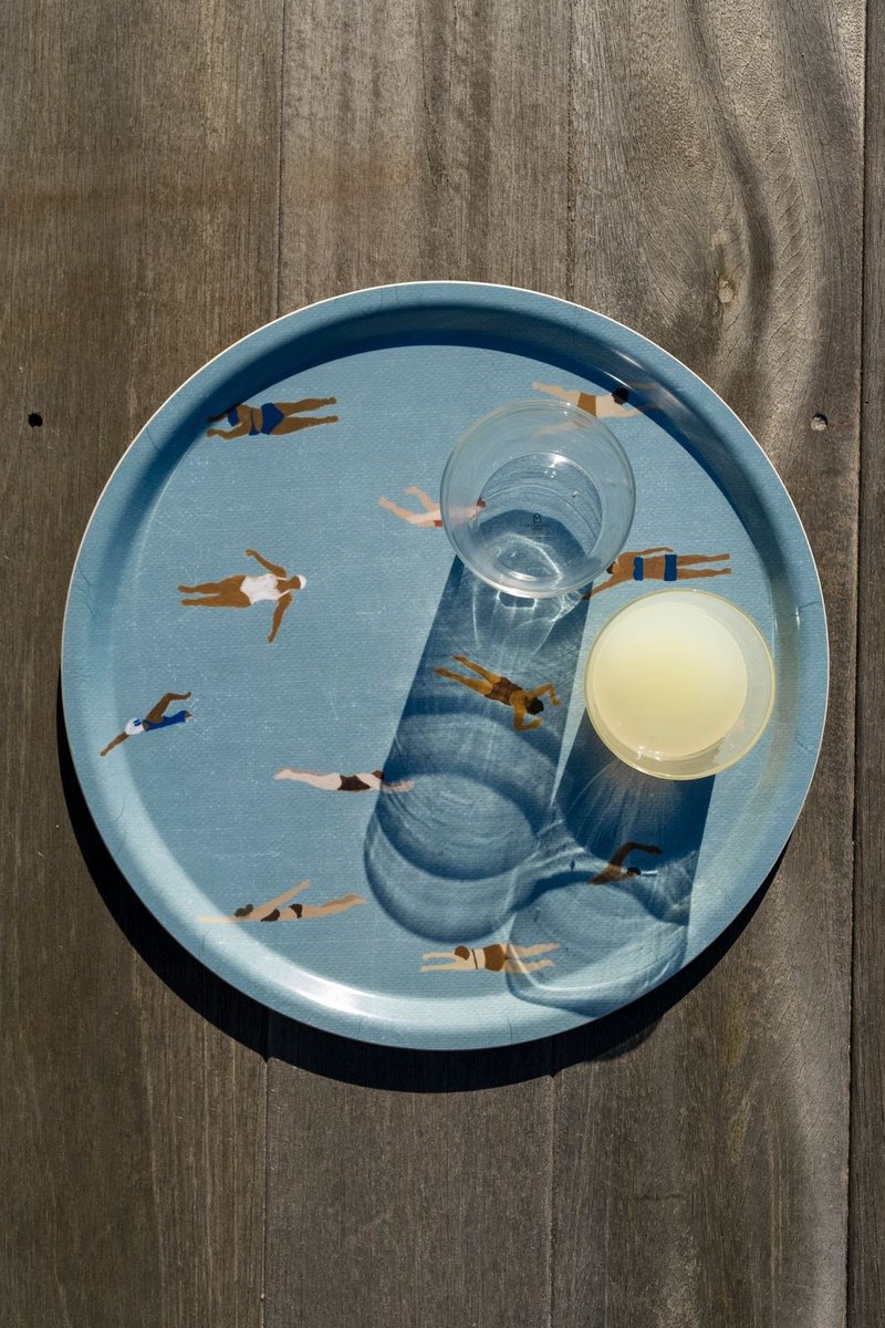 Nordic Design Round Tray-SWIMMERS TRAY, (38cm) - ถาดเสิร์ฟ - ไม้ สีเขียว