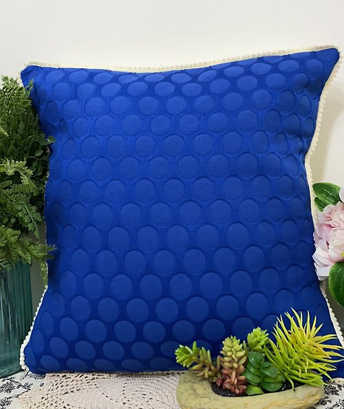hazelnut 北歐簡約風格彩藍色提花幾何圖米白色小毛球案抱枕靠枕靠墊枕套