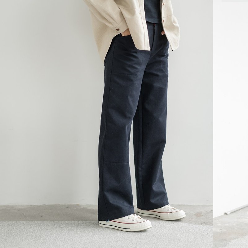 BUFU  basic  colour blocking straight pants /navy P170809 - Women's Pants - Cotton & Hemp Blue