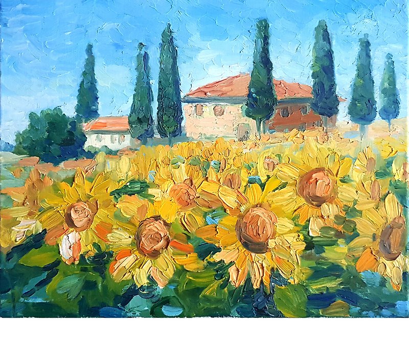 Sunflowers Field Painting, Impasto Original Art, Landscape Oil Canvas Wall Art - โปสเตอร์ - โลหะ สีเหลือง