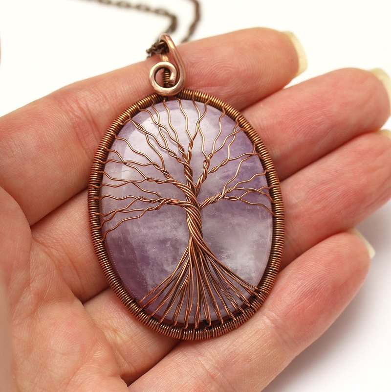 Amethyst Pendant Copper Wire Wrapped Necklace February Birthstone Jewelry - 項鍊 - 半寶石 紫色