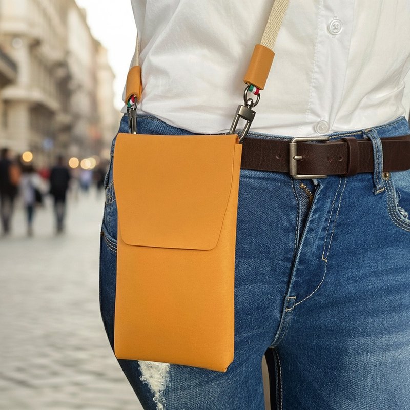 COZI - イタリア産植物タンニンなめし革多機能携帯電話バッグ、ショルダーバッグ、クロスボディバッグ、ネックバッグ、ウエストバッグ、クラッチバッグ、チェスト - スマホケース・カバー - 革 オレンジ