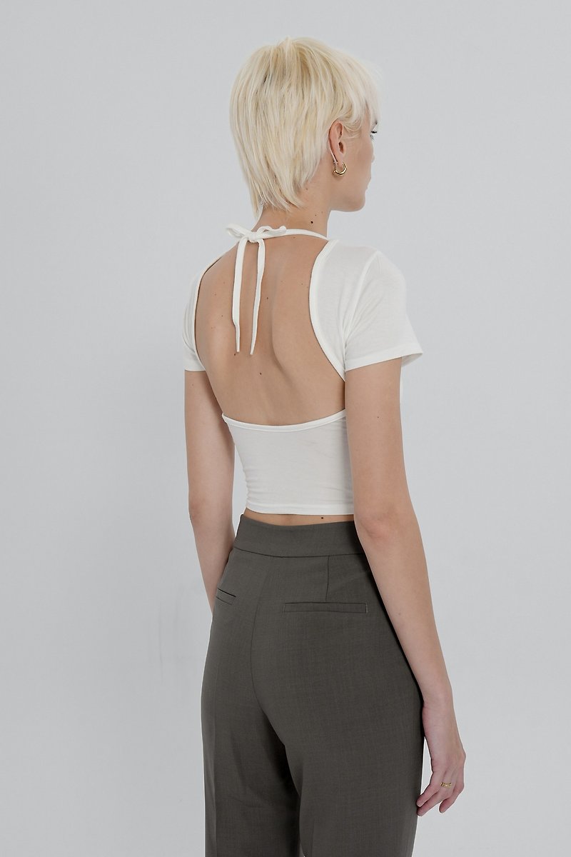 Modal Back Strap Bra Short Sleeve Top - Black - เสื้อผู้หญิง - ผ้าฝ้าย/ผ้าลินิน ขาว