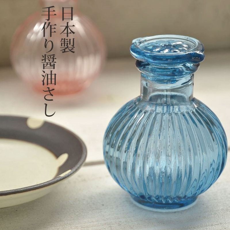 日本製老式手工菊型醬油差-粉色/藍色 - 調味罐/醬料罐 - 玻璃 粉紅色