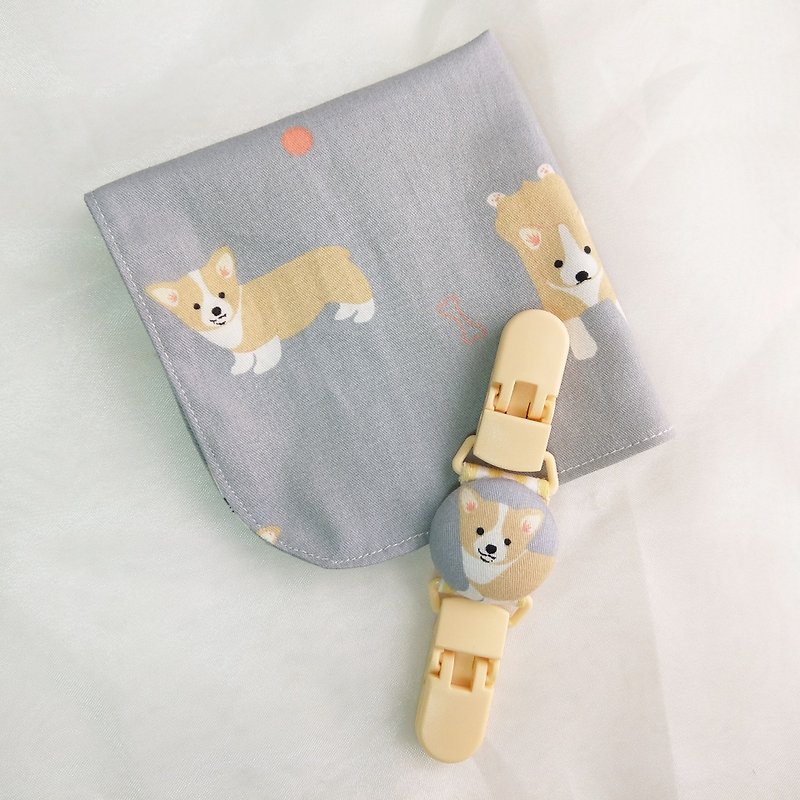 Cute Corgi. Double-sided cotton handkerchief / handkerchief holder (name can be embroidered) - Bibs - Cotton & Hemp Gray