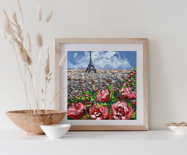 エッフェル塔の絵のバラの花の元の芸術の油絵パリの都市景観