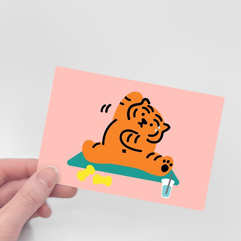 Lying fat tiger stretching exercise doing yoga illustration postcard - การ์ด/โปสการ์ด - กระดาษ 