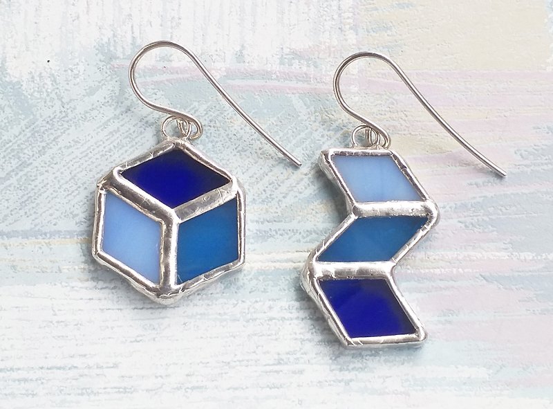 Asymmetric blue stained glass earrings - Earrings & Clip-ons - Glass Blue