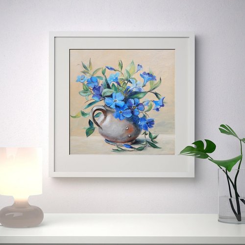 青い花の絵 花卉植物 掛け絵 原畫 手描きの絵 花畫 原創油畫