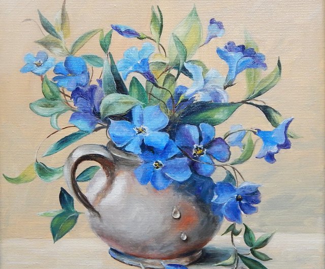 絵画　油絵　原画　一点物　花　ポップ　ブルー　　アート　インテリア　SM 絵画 油絵 原画 一点物 花 ポップ ブルー アート インテリア SM