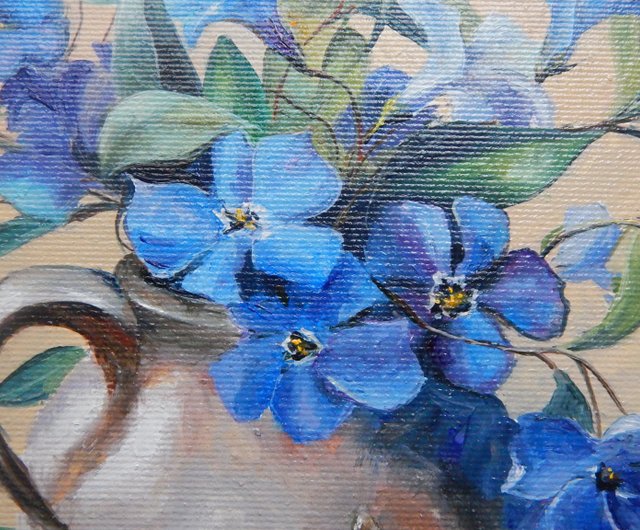 青い花の絵 花卉植物 掛け絵 原畫 手描きの絵 花畫 原創油畫