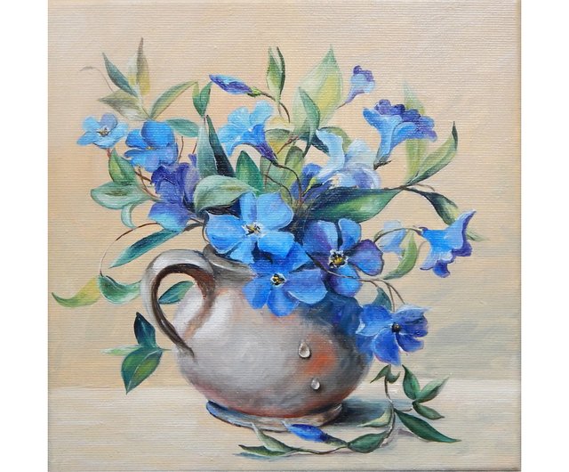 青い花の絵 花卉植物 掛け絵 原畫 手描きの絵 花畫 原創油畫